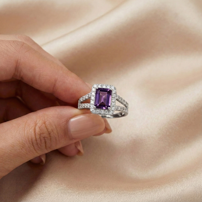 0.97 Ct Octagon Purple Amethyst and Moissanite Prong Silver Halo Statement Ring