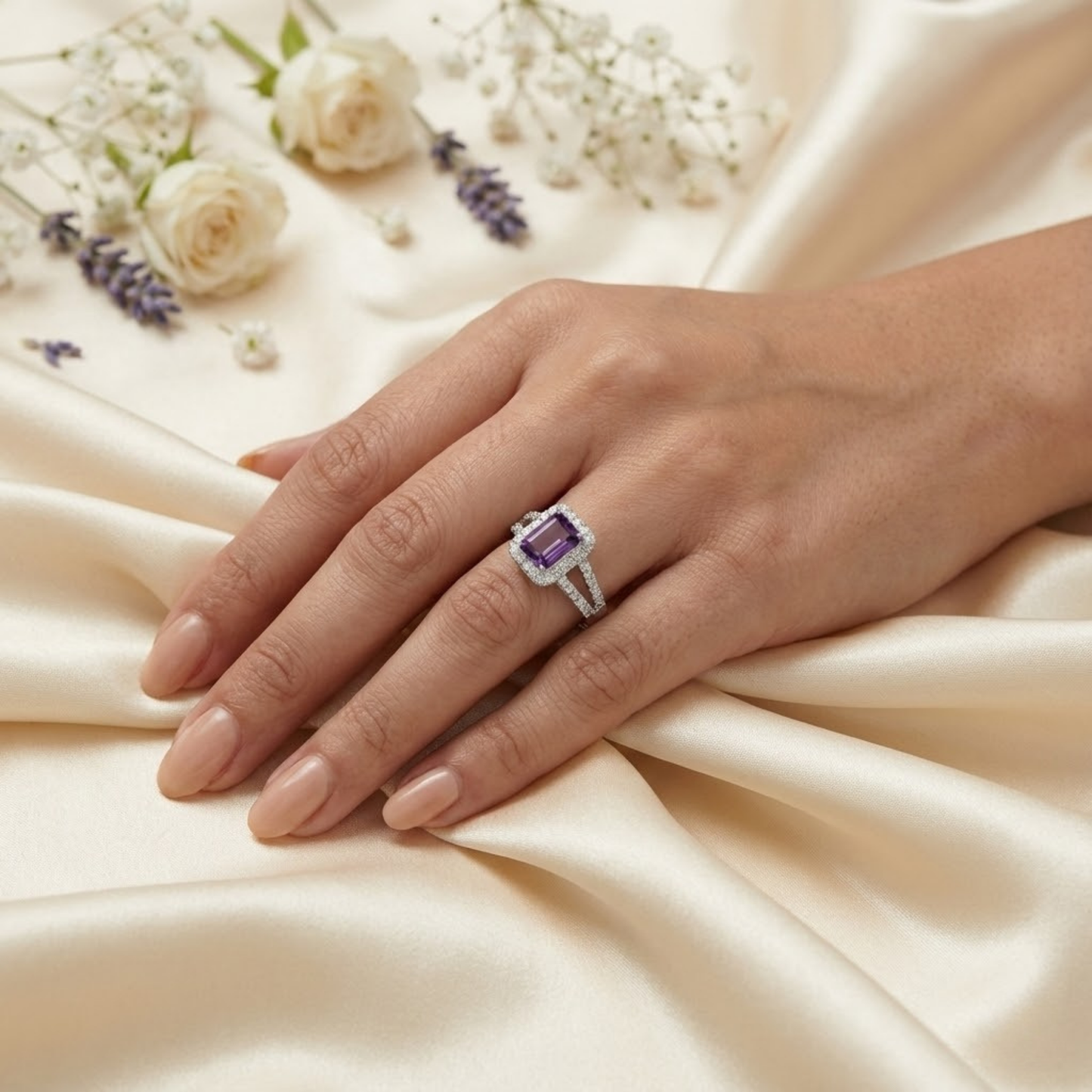 0.97 Ct Octagon Purple Amethyst and Moissanite Prong Silver Halo Statement Ring