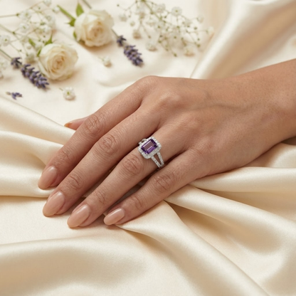 0.97 Ct Octagon Purple Amethyst and Moissanite Prong Silver Halo Statement Ring