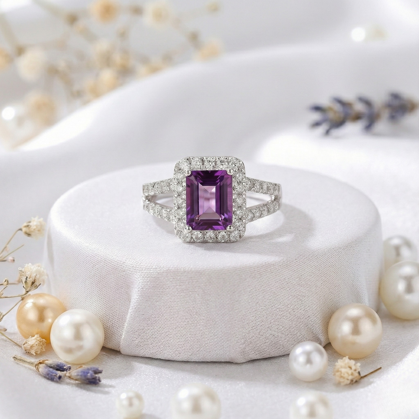 0.97 Ct Octagon Purple Amethyst and Moissanite Prong Silver Halo Statement Ring