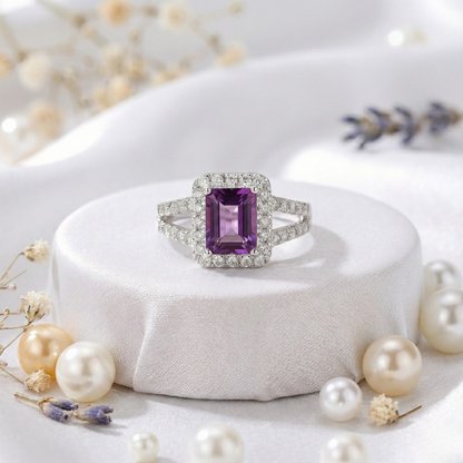0.97 Ct Octagon Purple Amethyst and Moissanite Prong Silver Halo Statement Ring