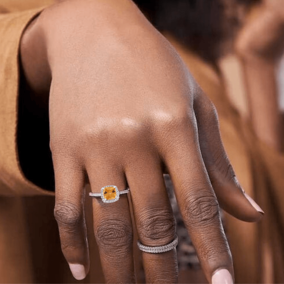 1.67 Ct Cushion Yellow Citrine and Moissanite Prong Silver Halo Cocktail Ring