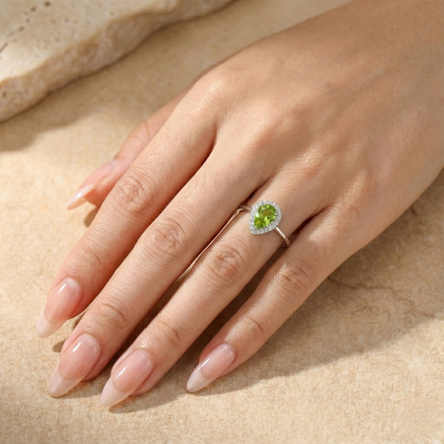 0.97 Ct Pear Green Peridot and Moissanite Prong Silver Halo Engagement Ring