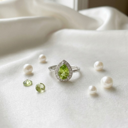 0.97 Ct Pear Green Peridot and Moissanite Prong Silver Halo Engagement Ring