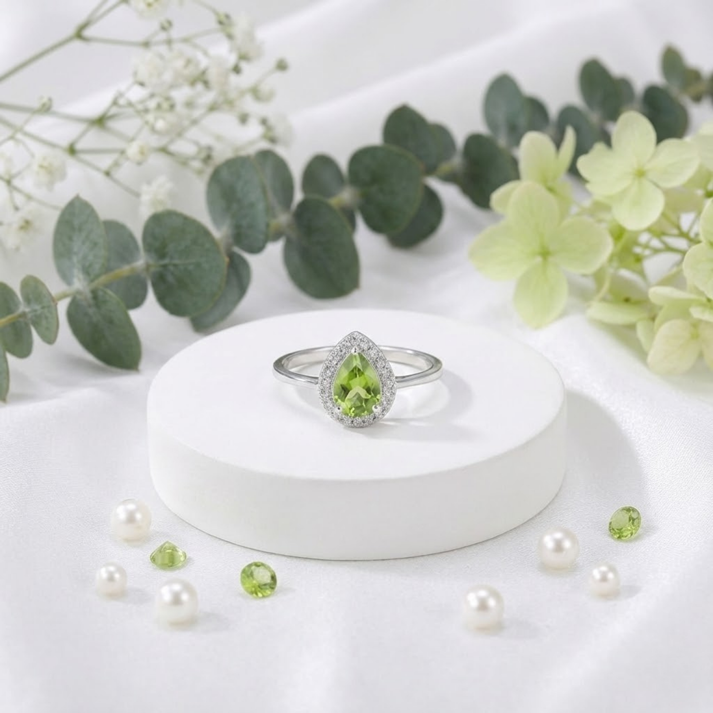 0.97 Ct Pear Green Peridot and Moissanite Prong Silver Halo Engagement Ring