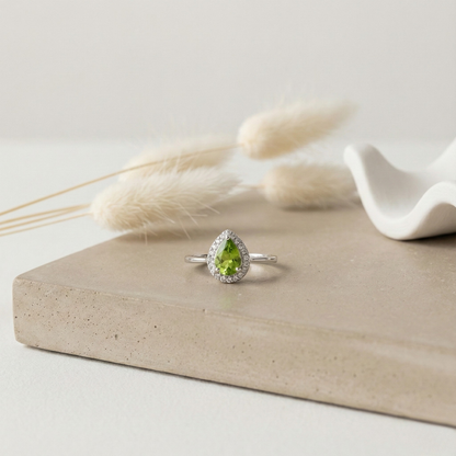 0.97 Ct Pear Green Peridot and Moissanite Prong Silver Halo Engagement Ring