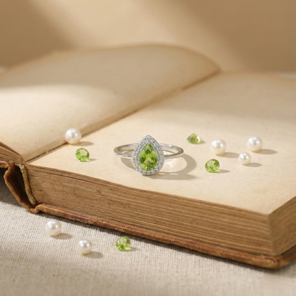 0.97 Ct Pear Green Peridot and Moissanite Prong Silver Halo Engagement Ring
