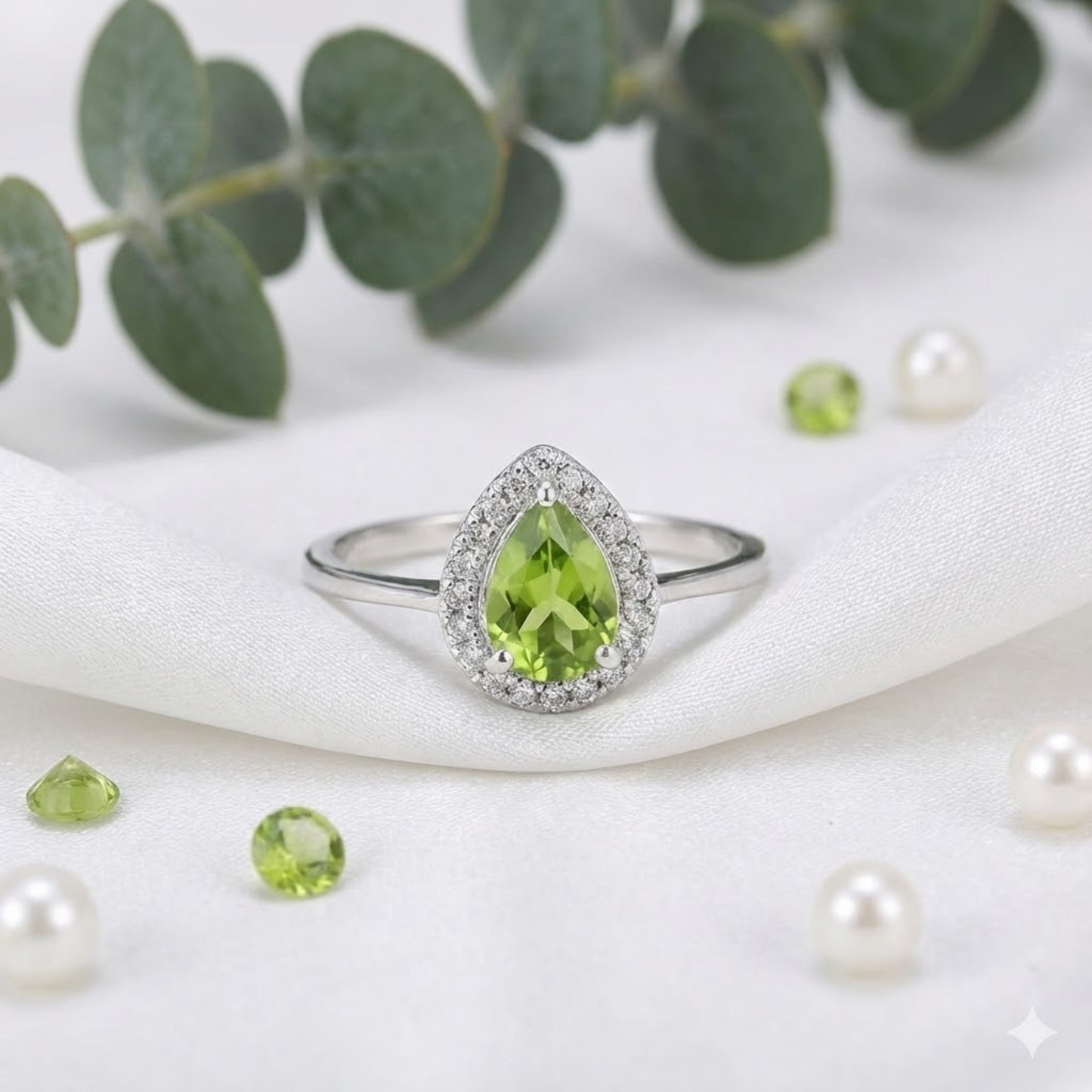 0.97 Ct Pear Green Peridot and Moissanite Prong Silver Halo Engagement Ring