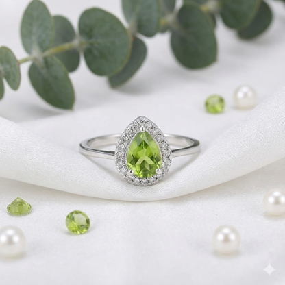 0.97 Ct Pear Green Peridot and Moissanite Prong Silver Halo Engagement Ring