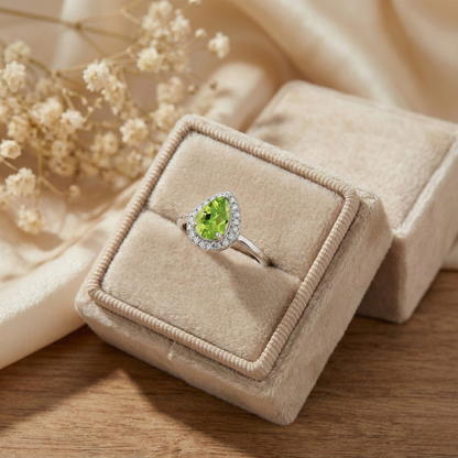 0.97 Ct Pear Green Peridot and Moissanite Prong Silver Halo Engagement Ring