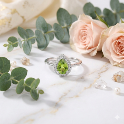 0.97 Ct Pear Green Peridot and Moissanite Prong Silver Halo Engagement Ring