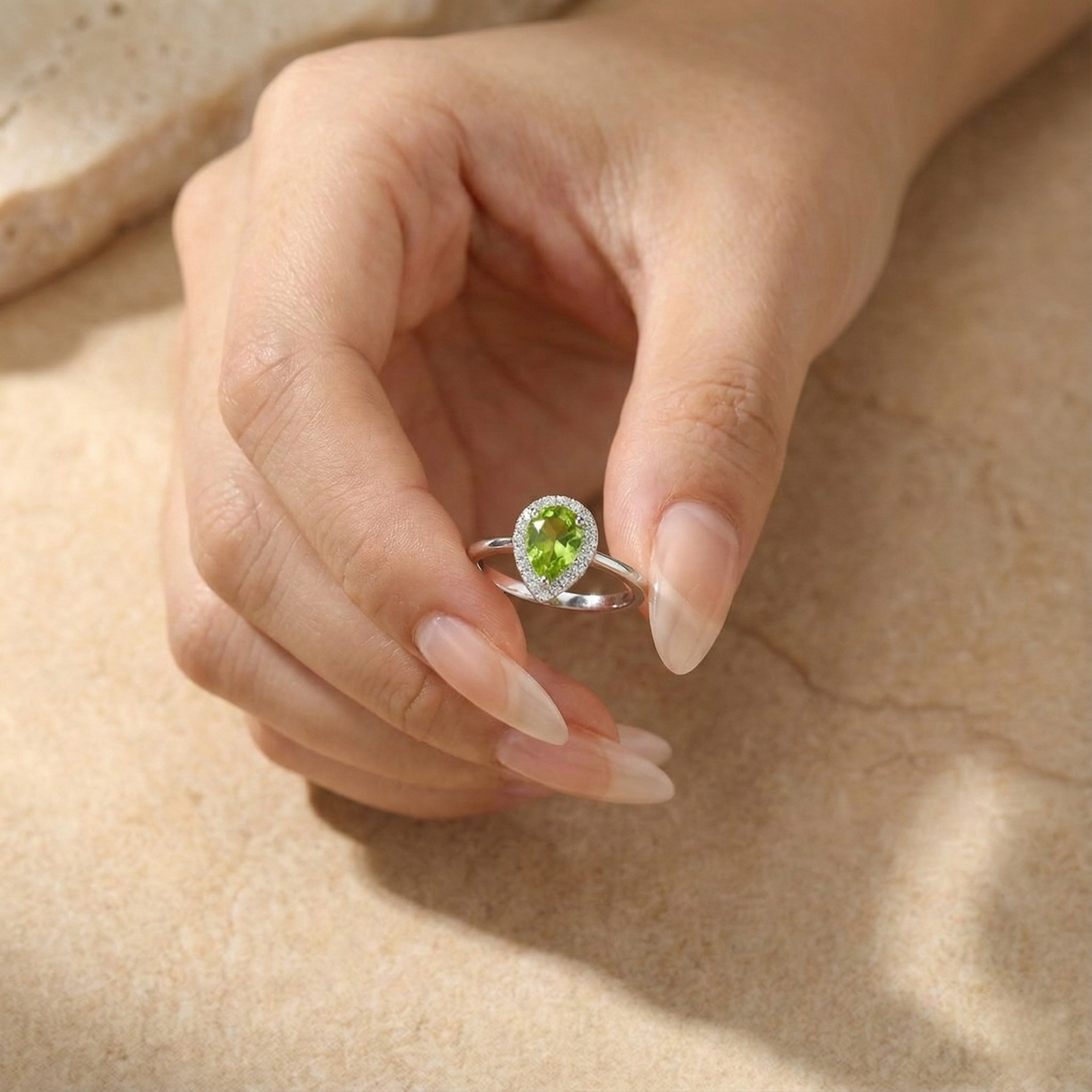 0.97 Ct Pear Green Peridot and Moissanite Prong Silver Halo Engagement Ring