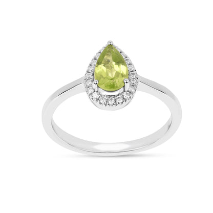 0.97 Ct Pear Green Peridot and Moissanite Prong Silver Halo Engagement Ring