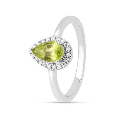 0.97 Ct Pear Green Peridot and Moissanite Prong Silver Halo Engagement Ring