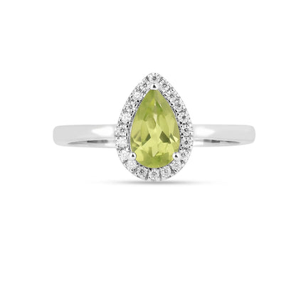 0.97 Ct Pear Green Peridot and Moissanite Prong Silver Halo Engagement Ring