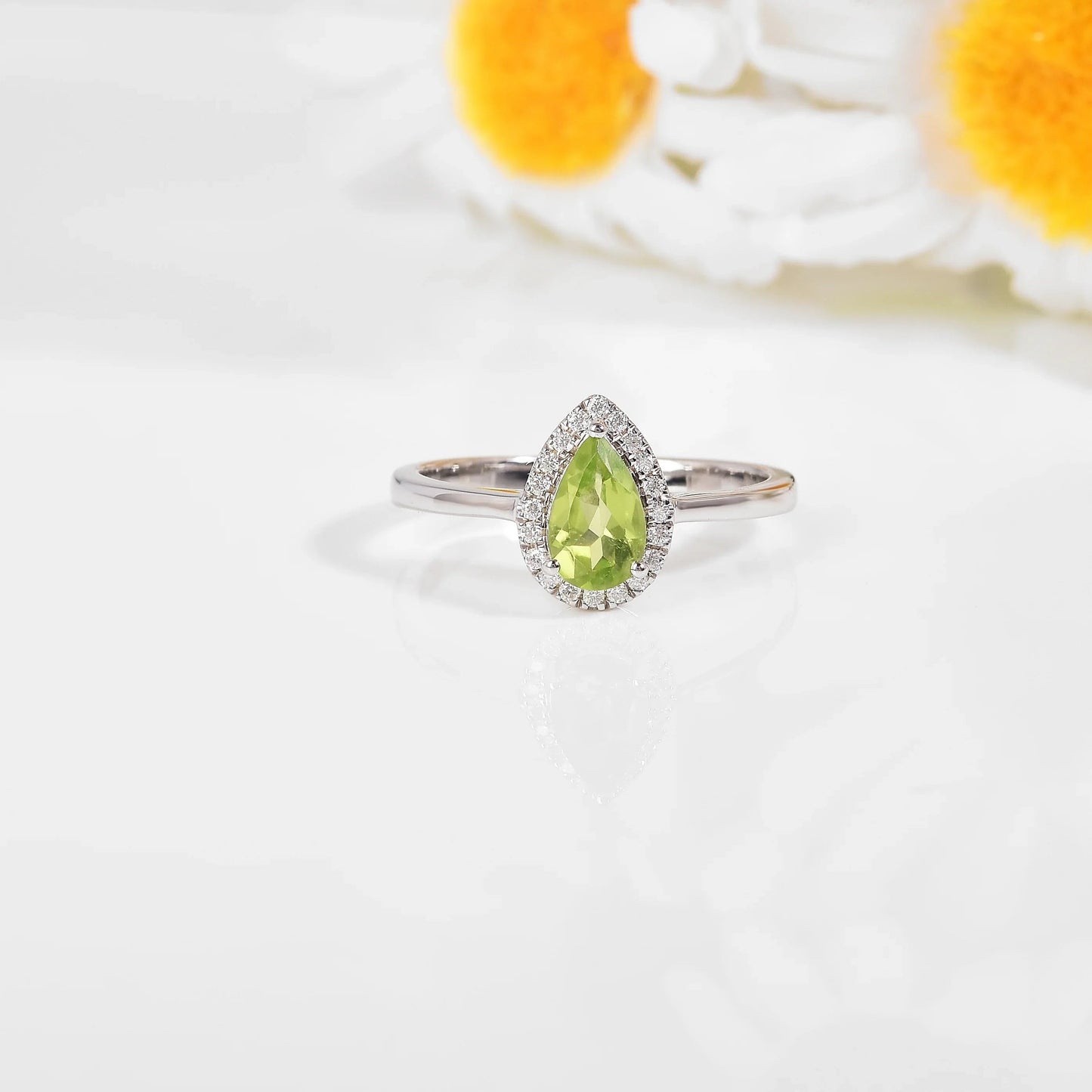 0.97 Ct Pear Green Peridot and Moissanite Prong Silver Halo Engagement Ring