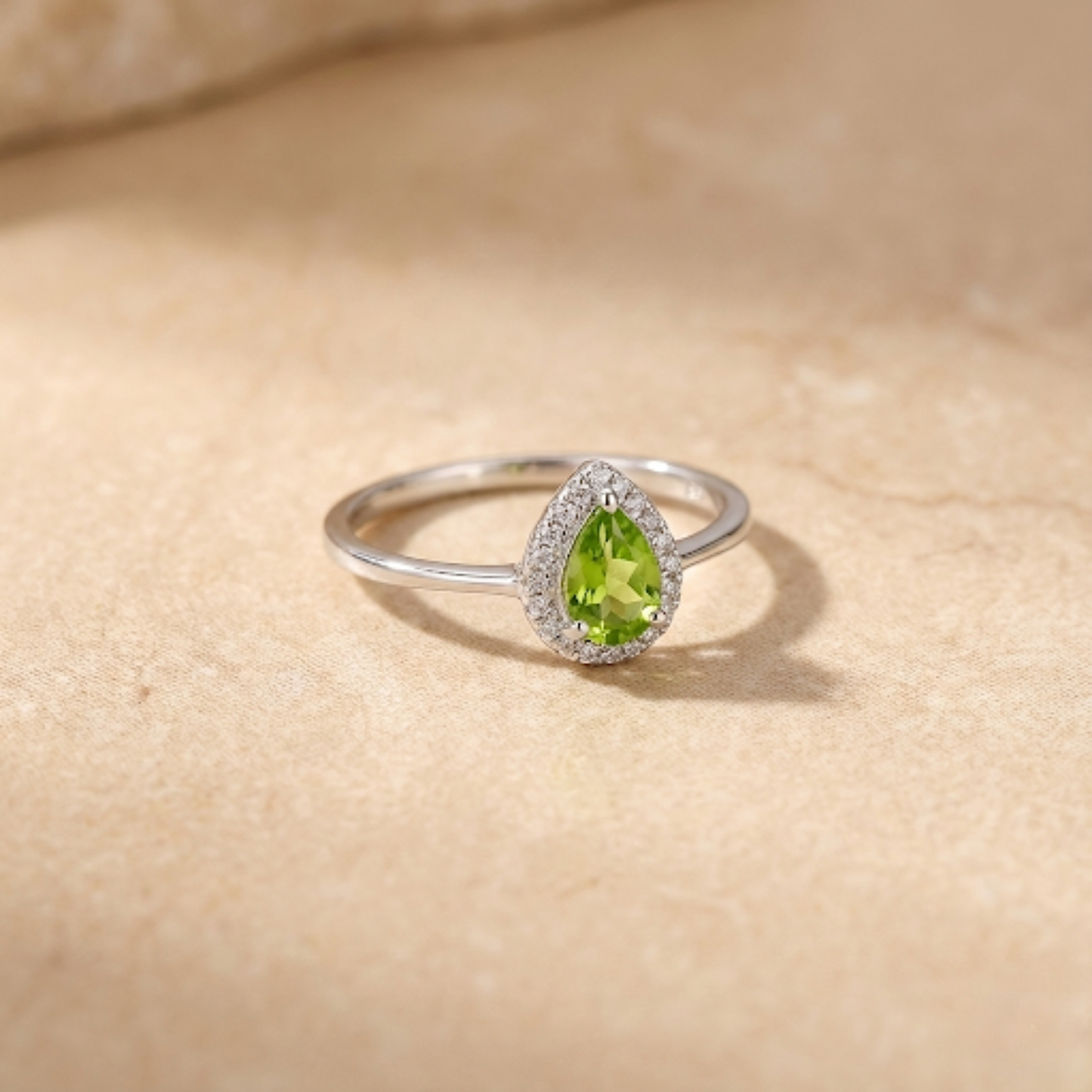 0.97 Ct Pear Green Peridot and Moissanite Prong Silver Halo Engagement Ring