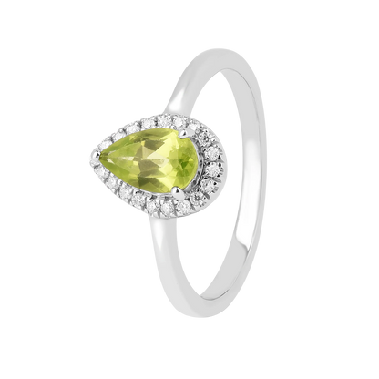 0.97 Ct Pear Green Peridot and Moissanite Prong Silver Halo Engagement Ring