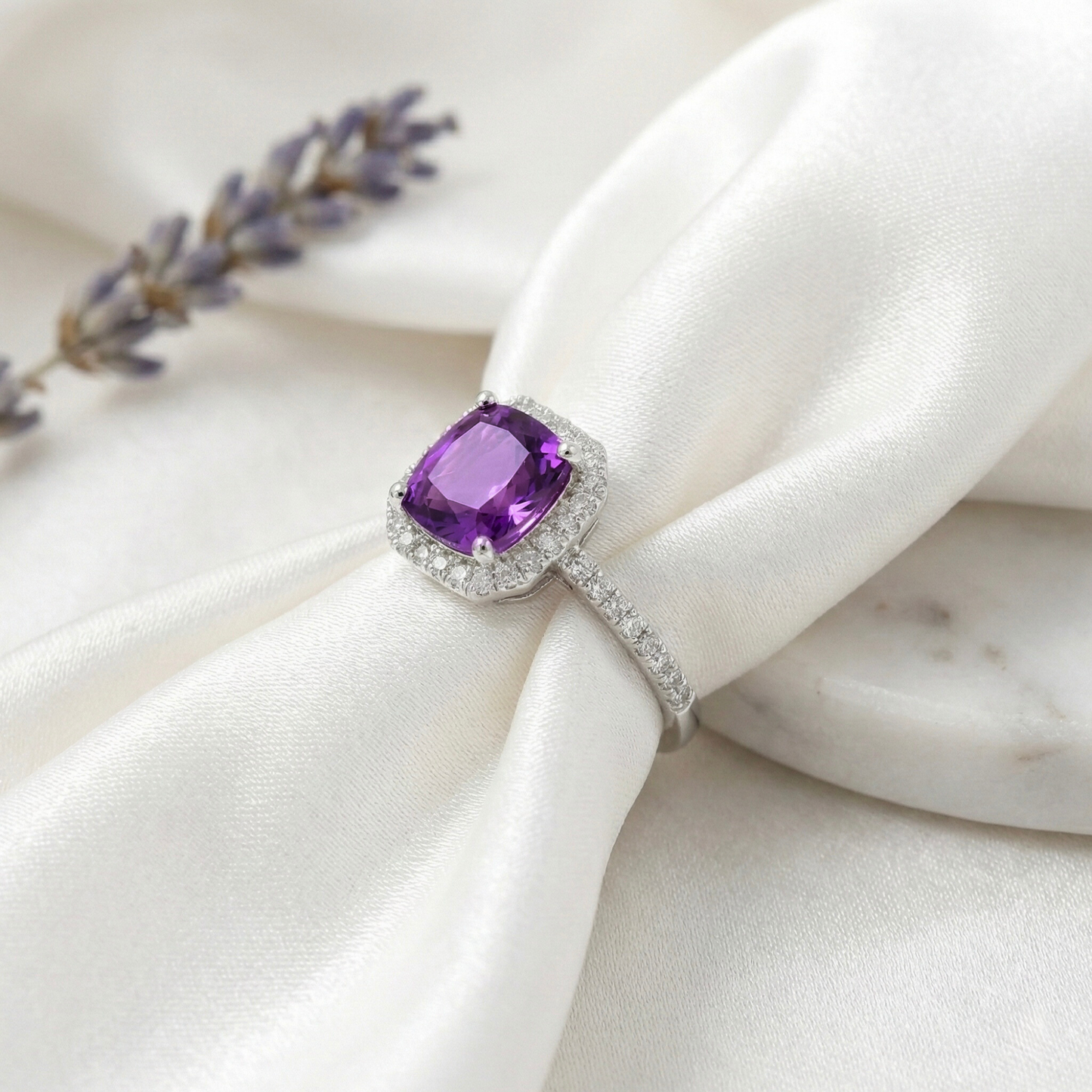 1.65 Ct Cushion Purple Amethyst and Moissanite Prong Silver Halo Cocktail Ring