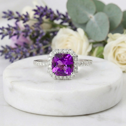 1.65 Ct Cushion Purple Amethyst and Moissanite Prong Silver Halo Cocktail Ring
