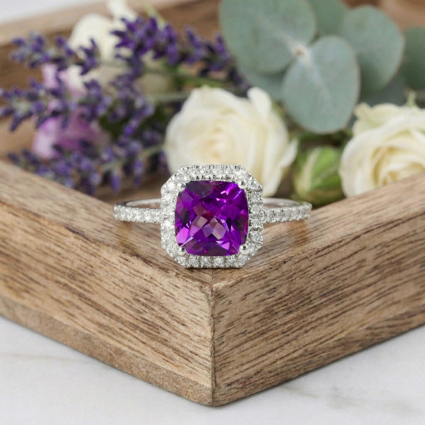 1.65 Ct Cushion Purple Amethyst and Moissanite Prong Silver Halo Cocktail Ring