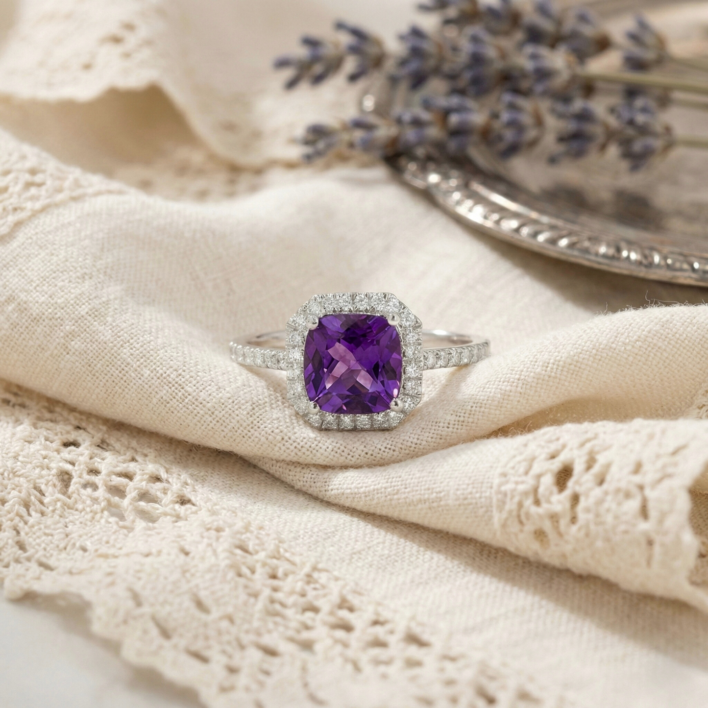 1.65 Ct Cushion Purple Amethyst and Moissanite Prong Silver Halo Cocktail Ring
