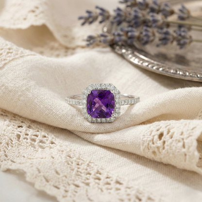 1.65 Ct Cushion Purple Amethyst and Moissanite Prong Silver Halo Cocktail Ring