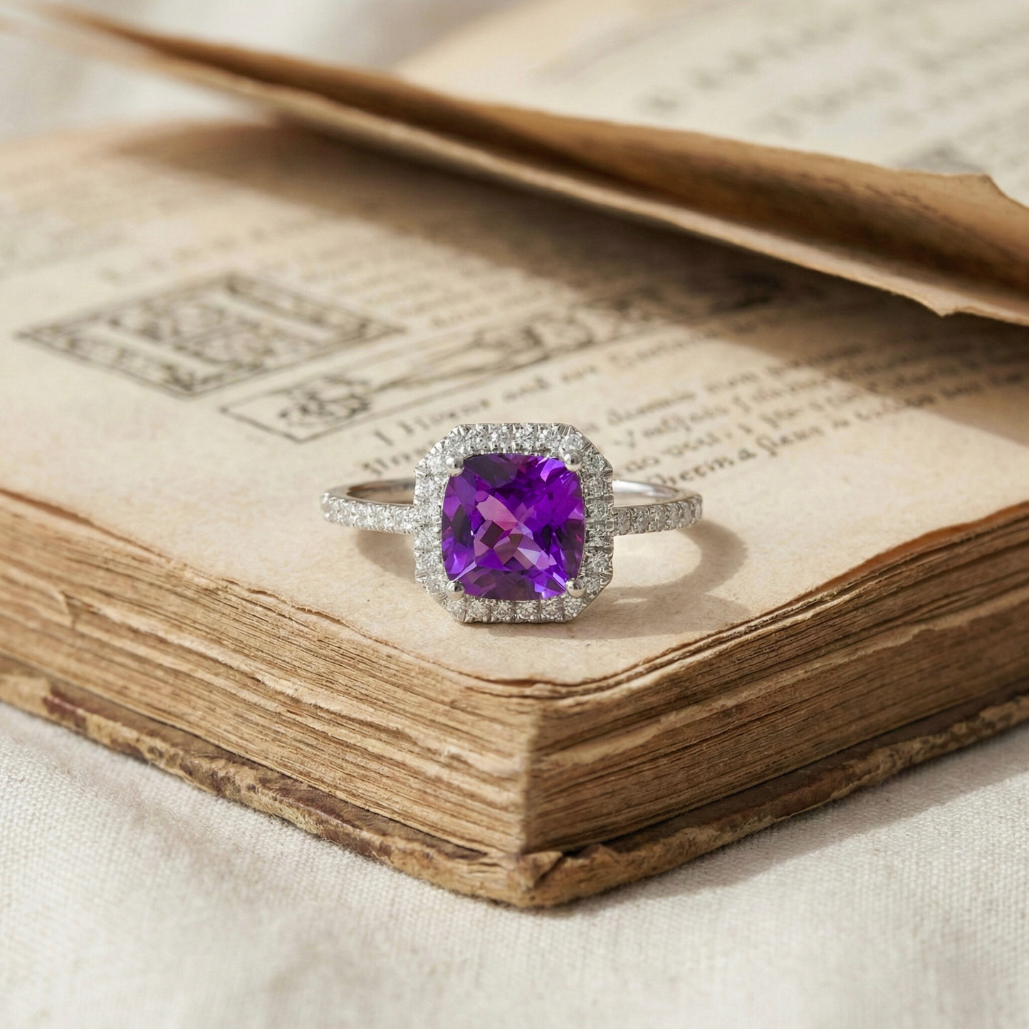 1.65 Ct Cushion Purple Amethyst and Moissanite Prong Silver Halo Cocktail Ring