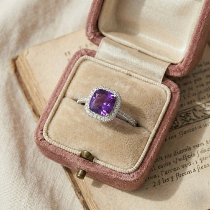 1.65 Ct Cushion Purple Amethyst and Moissanite Prong Silver Halo Cocktail Ring