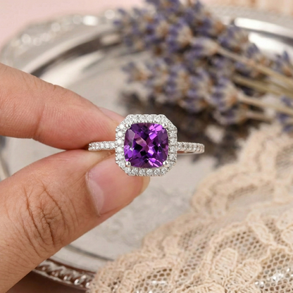 1.65 Ct Cushion Purple Amethyst and Moissanite Prong Silver Halo Cocktail Ring