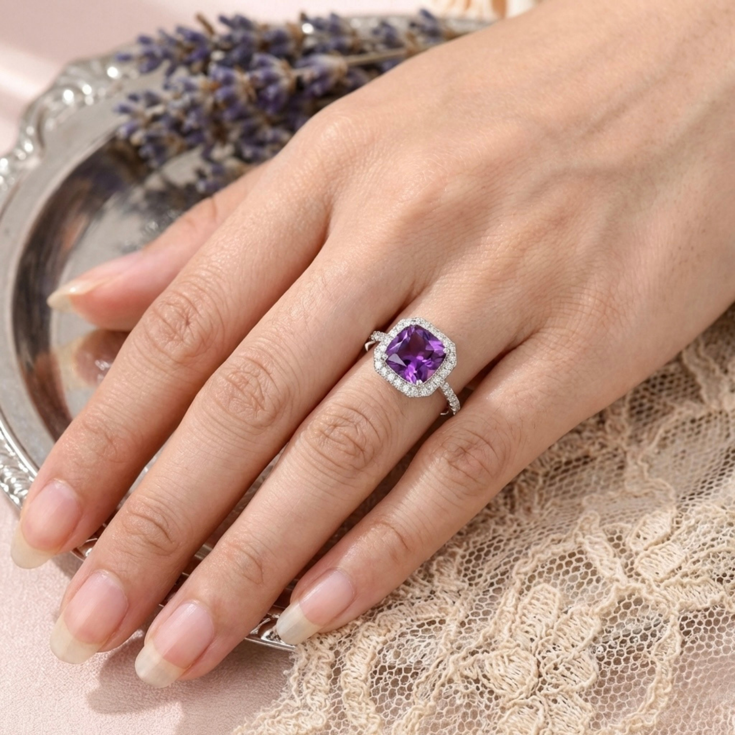 1.65 Ct Cushion Purple Amethyst and Moissanite Prong Silver Halo Cocktail Ring