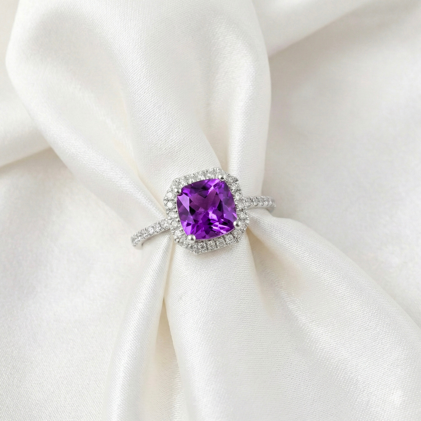 1.65 Ct Cushion Purple Amethyst and Moissanite Prong Silver Halo Cocktail Ring