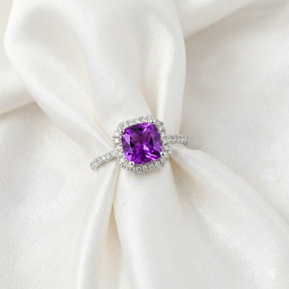1.65 Ct Cushion Purple Amethyst and Moissanite Prong Silver Halo Cocktail Ring