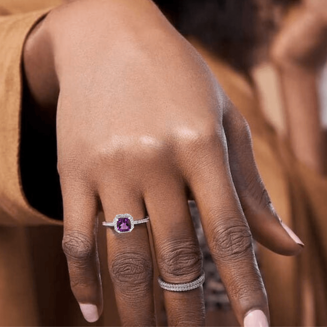 1.65 Ct Cushion Purple Amethyst and Moissanite Prong Silver Halo Cocktail Ring