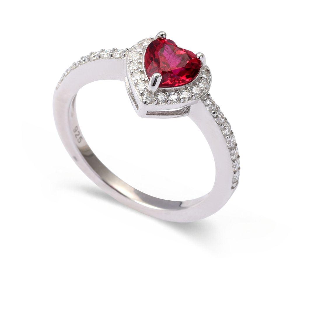 Heart Red Lab Grown Ruby Prong Sterling Silver Halo Ring