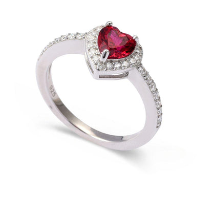 Heart Red Lab Grown Ruby Prong Sterling Silver Halo Ring