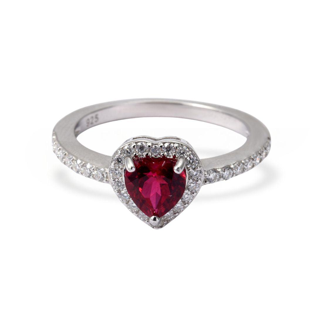 Heart Red Lab Grown Ruby Prong Sterling Silver Halo Ring