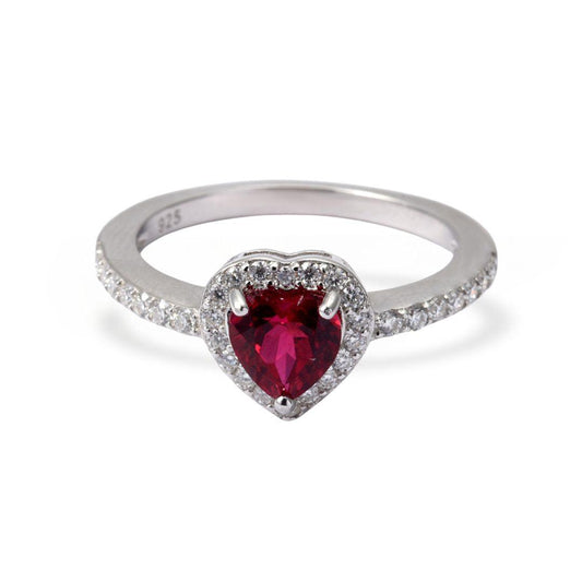Heart Red Lab Grown Ruby Prong Sterling Silver Halo Ring