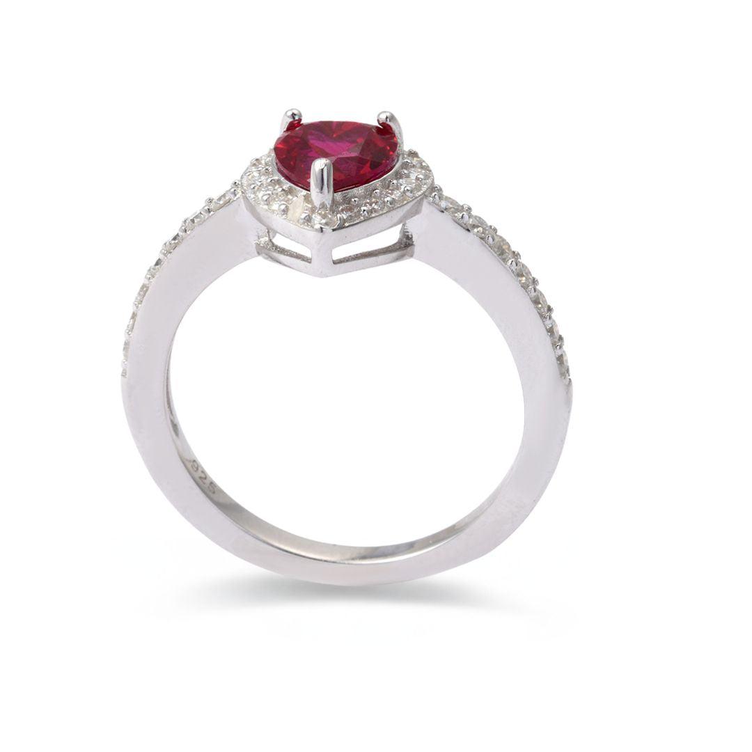 Heart Red Lab Grown Ruby Prong Sterling Silver Halo Ring