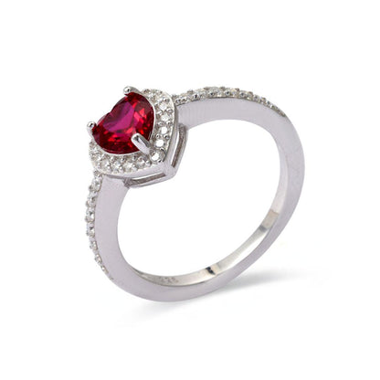 Heart Red Lab Grown Ruby Prong Sterling Silver Halo Ring