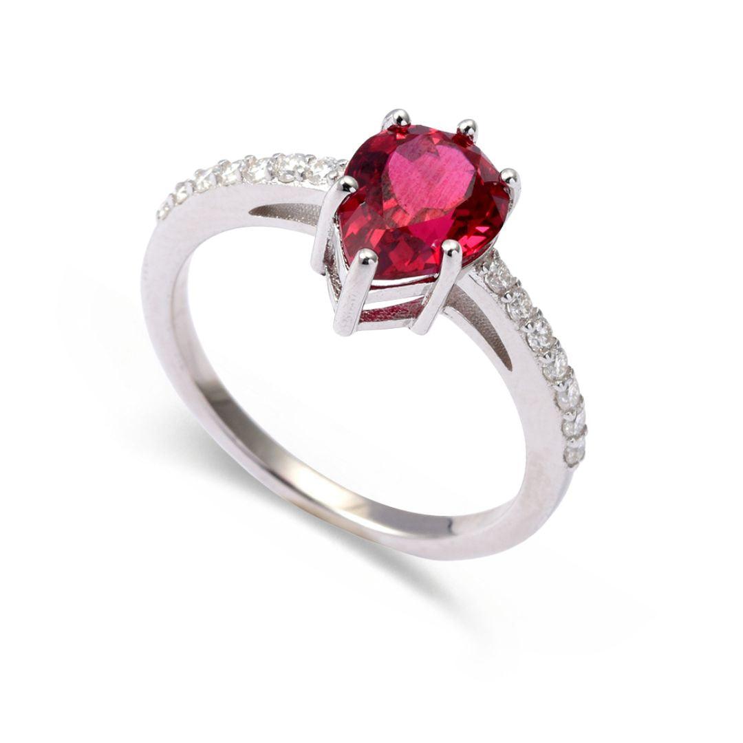 Pear Red Lab Grown Ruby Prong Silver Teardrop Solitaire Ring