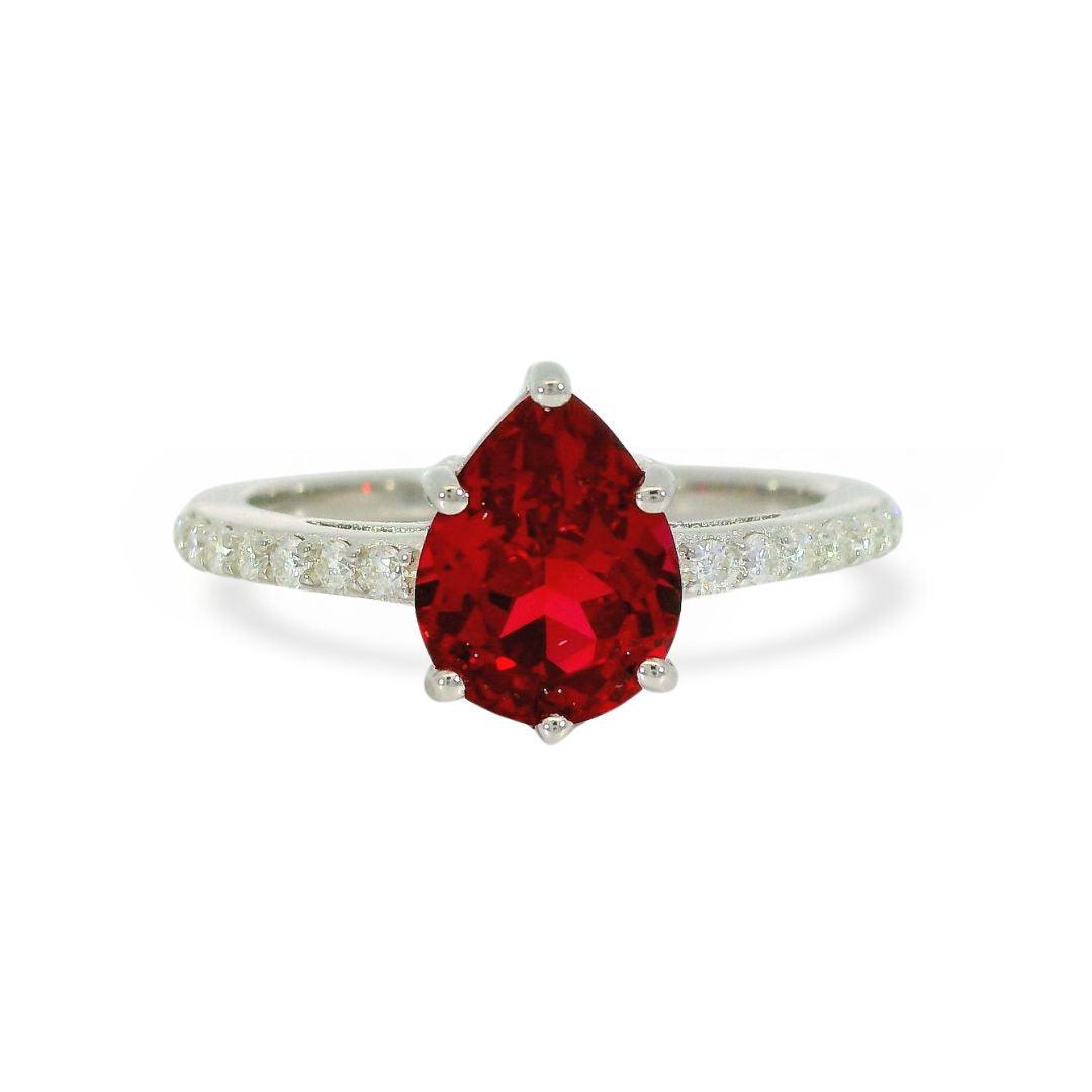 Pear Red Lab Grown Ruby Prong Silver Teardrop Solitaire Ring