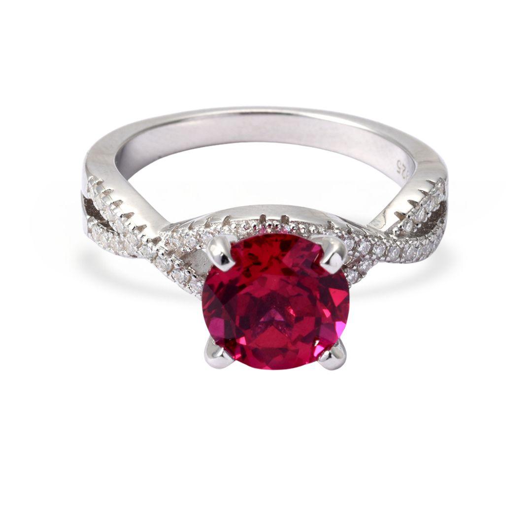 Round Red Lab Grown Ruby Prong Silver Twisted Band Solitaire Ring
