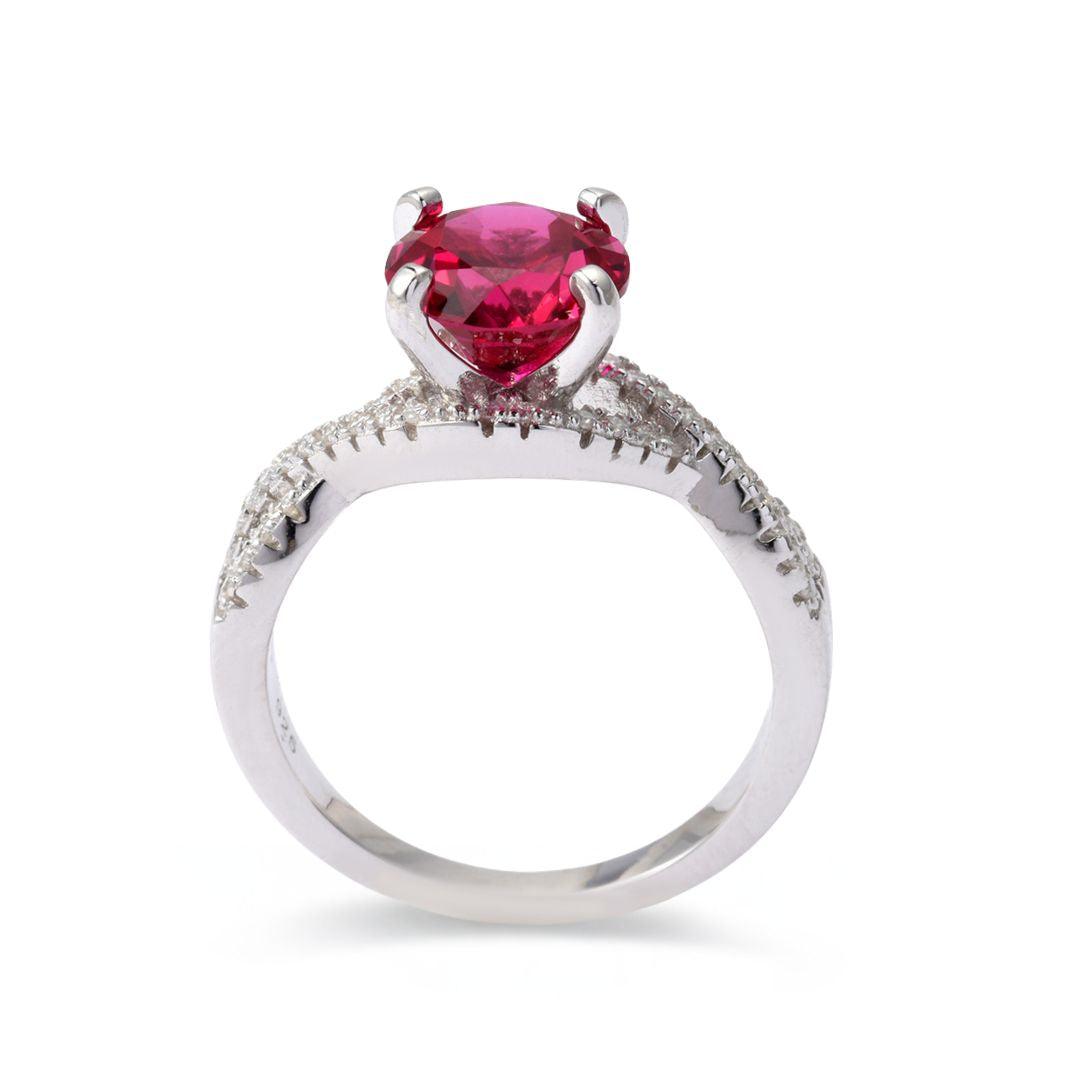 Round Red Lab Grown Ruby Prong Silver Twisted Band Solitaire Ring