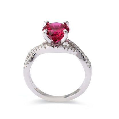 Round Red Lab Grown Ruby Prong Silver Twisted Band Solitaire Ring
