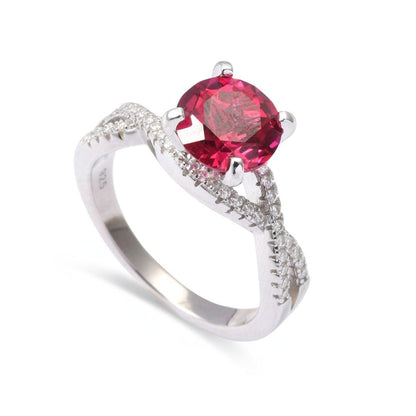 Round Red Lab Grown Ruby Prong Silver Twisted Band Solitaire Ring