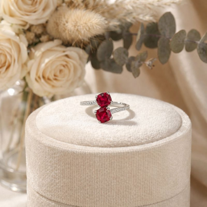 Cushion Red Lab Grown Ruby Silver Bypass Dual Stone Ring