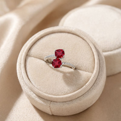 Cushion Red Lab Grown Ruby Silver Bypass Dual Stone Ring