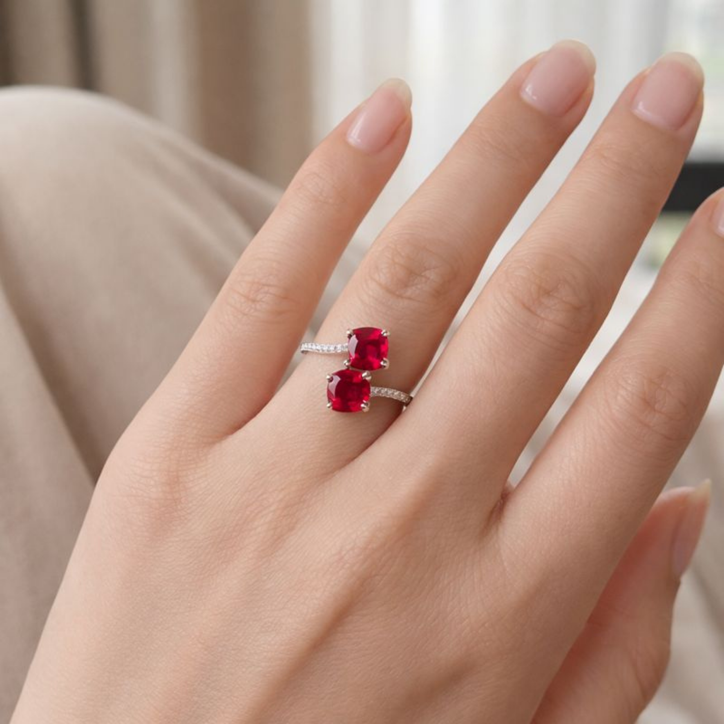Cushion Red Lab Grown Ruby Silver Bypass Dual Stone Ring