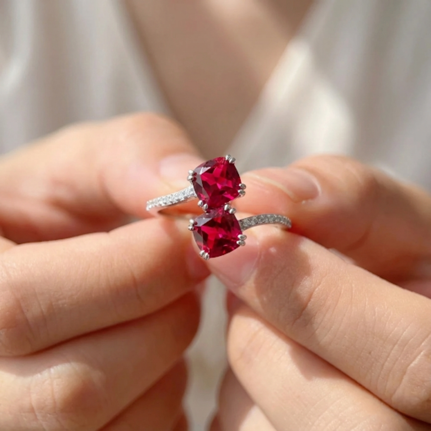 Cushion Red Lab Grown Ruby Silver Bypass Dual Stone Ring